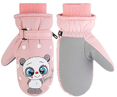 JUPSK Winter-Skihandschuhe für Kleinkinder, wasserdicht, Snowboard-Fäustlinge, rutschfest, mit Plüsch gefüttert, warme Panda-Handschuhe für Kinder von 2–5 Jahren, Rosa
