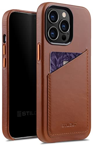 STILGUT Cover kompatibel mit iPhone 13 Pro Hülle mit Kartenfach, Case aus Leder, Kartenhülle - Cognac Nappa