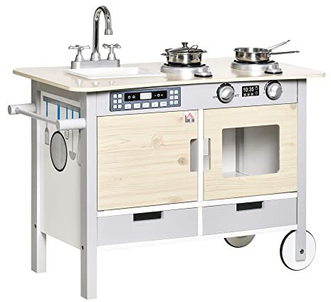 HOMCOM 2 in 1 Cucina per bambini multi-attrezzatura con 5 accessori in acciaio inox. MDF grigio chiaro effetto legno