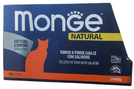 Monge Natural Superpremium quality Gelbflossen-Thunfisch mit Lachs für Katzen, Dampfgaren, 24 Dosen (80 g), ohne Farb- und Konservierungsstoffe