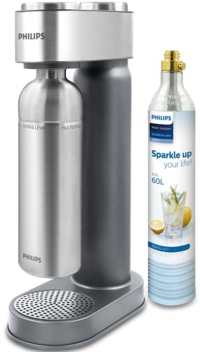 Philips GoZero Machine à Eau Pétillante ADD4905SV/10, Gris, Bouteille d'eau 1 L en ACIER INOXYDABLE Lavable au Lave-Vaisselle, Bouteille de CO2 pour 60 L