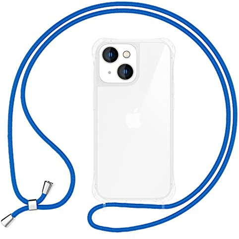 NALIA Handykette für iPhone 14 - Hybrid-Case - Hülle, Blau | Kordel ca. 1,60m für Crossbody, Ösen fest im Rahmen eingegossen, Massive Metallenden, Verstärkte Ecken, HANGIT PRO