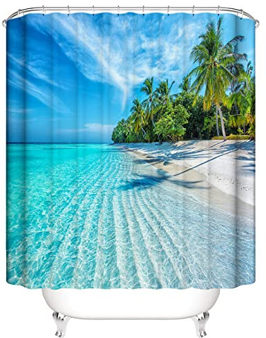 OCEUMACO 3D Ocean Bleu Rideau de Douche Anti Moisissure Motif Paysage Mer Turquoise Tropical Rideau Douche Tissu Imperméable 240x200 cm Feuille Palmier Imprimé Rideaux Baignoire Lavable Machine