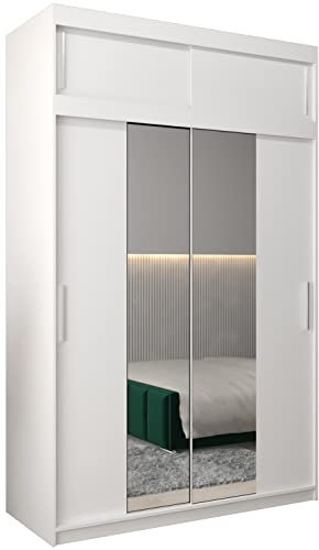 ABIKSMEBLE Tokio 1 150 Armario 2 Puertas Correderas para Dormitorio - Armario Moderno con Espejo, Barra y Estantes - 150x240x62 cm (Ancho x Alto x Fondo) - Bianco Mate con Extensión