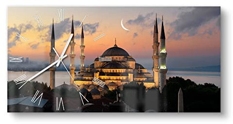 DEQORI Glasuhr | vertikal 60x30 cm | Motiv Mondsichel über Moschee | große XXL Design Uhr aus Glas | leise Wanduhr für Wohnzimmer & Küche | Moderne Hingucker Uhr für die Wand