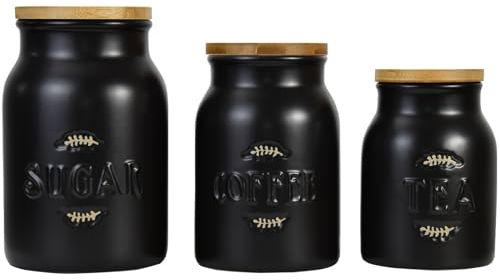 Karisky Canister Sets for Kitchen Counter, Ceramic Kitchen Canister with Airtight Bamboo Lids, Modern Farmhouse Coffee Tea Sugar Storage Jar for Countertop Decor, Set of 3, Black