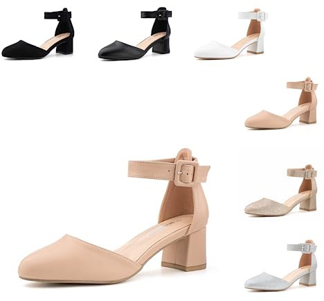 Hitmars Block Heel Sandals for Women Low Mid Heel Sandals Court Shoes Strappy Closed Toe Sandals Bridal Wedding Glitter Comfortable Womens Sandals N-Nude(PU) Size 4 UK=37 EU (9150NSND/37-Reu)
