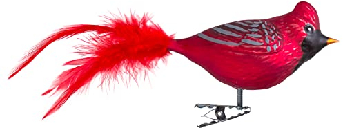Glas-Vogel, roter Kardinal mit Naturfedern | Glasschmuck Made in Germany aus eigener Herstellung | deko Vogel mit Clip, Glasvogel, echter Lauschaer Christbaumschmuck, für den Innenbereich