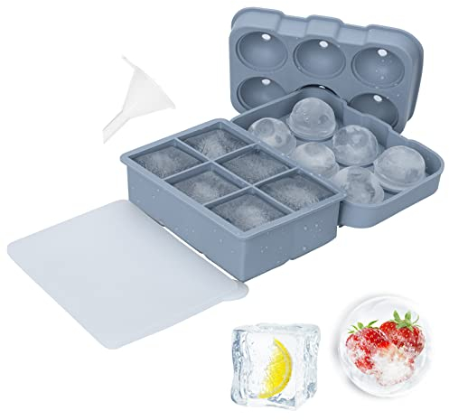 2 Pack Ice Cube Trays, Silicone Sphere Whiskey Ice Ball Mould and Large Square Ice Cube Mould, 6 Big Ice Cubes per Tray for Cocktails, Whiskey and Drinks Ice Cool (Blue, 1Square + 1Round)