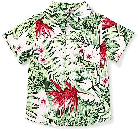 Aeslech Little Big Boy's Hawaiihemd mit kurzen Ärmeln, Knopfleiste und Blumenmuster, Monstera Floral White, 8-9 Jahre