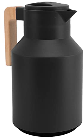 Tissting Thermoskanne 1000ml, Schwarz Glasinnenseite Doppelwandige Vakuumkanne Isolierkanne Kaffeekanne mit Holzgriff, Europäischer Thermo Teekanne Kaffeekessel für Tee, Säfte, Kaffee