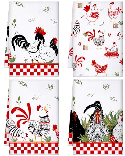 Küchentücher, Oster-Hühner-Ei, Bauernhof, Geschirrtücher, Bauernhaus, Vintage, rustikaler Hahn, Handtuch, Dekoration, 40,6 x 61 cm, für Osterbadezimmer (rot, schwarz, weiß, Bauernhaus), 4 Stück
