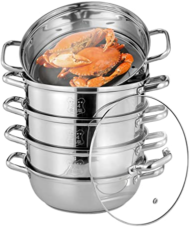 SABUIDDS 30cm Dampfgarer Fünf Etagen Dampfkocher Edelstahl Biodampfkocher mit Glasabdeckung, Dampftopf Induktion für alle Herdarten, Couscous Topf, Kochtopf für Gardampftopf Dampfkochtopf Induktion