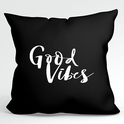 huuraa Kissen Good Vibes Schriftzug Deko Kopfkissen mit Füllung 40x40cm Black mit Motiv für alle glücklichen Menschen Geschenk Idee für Freunde und Familie