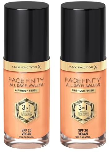 Max Factor Facefinity All Day Flawless 3 in 1 Foundation in Caramel 85 – Primer, Concealer & Foundation in einem – Für ein perfekt mattiertes Finish – 1 x 30 ml (Packung mit 2)