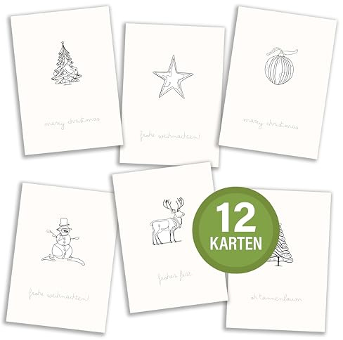 12x Weihnachtskarten (DIN-A6) - Premium Karten für Weihnachten - Schlichte, Einzigartige Marry-Christmas Geschenkkarten - Hochwertiges, Trendiges Glückwunschkarten-Set für Kollegen, Freunde, Familie