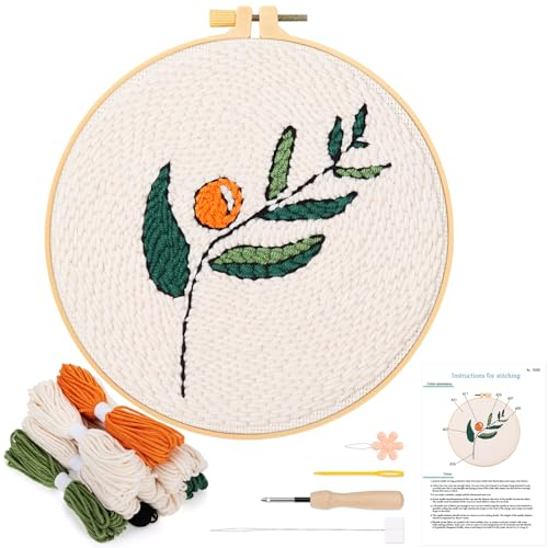 JSRQT Stanznadel Set für Anfänger, Stanznadel Stickerei Starter Kits mit Blättermuster für Erwachsene Kinder, Punch Needle Stickerei Kit, DIY Handarbeit Stanznadel Kit mit Werkzeugen und Anleitung