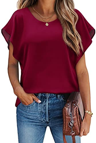 Hotouch Bluse Damen Elegant Sommer Lässig Mesh Oberteil Fledermausärmel Shirt Rundhals Doppellagige Tunika Blusen
