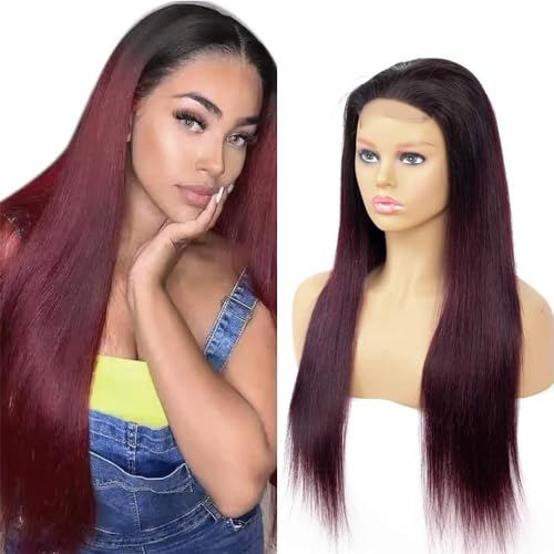 Echthaar Perücke Frauen 4x4 Transparente Spitze vorne 150% Dichte Straight Wig Perücke Damen Brazilian Virgin Human Hair Wig 1b/99j Burgundy Wig 4x4 Lace Front Wig Human Hair 24 inch