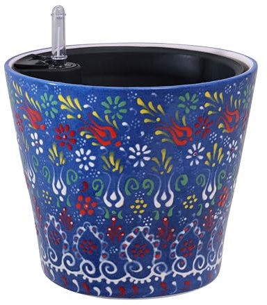 Madam Sophia Concept Pot de fleurs fait à la main en céramique avec auto-arrosage 20,3 cm Motif floral unique Bleu