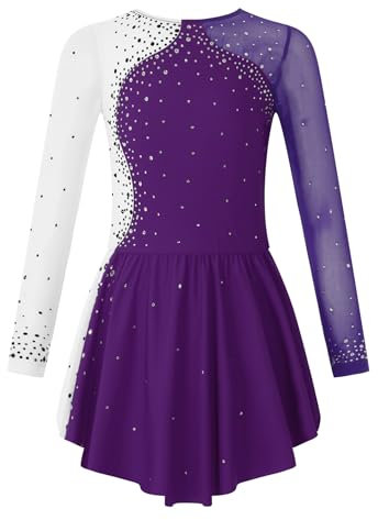 Miaeowve Eiskunstlauf Kleid Mädchen Glitzer Kinder Langarm Ballettkleid Mit Strass Farbblock Patchwork Trainingskleid Rollkunstlauf Standard Kostüm Violett 110-116