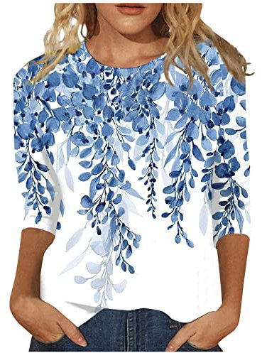 Damen Oberteile Elegant,Shirt Damen 3/4 Arm,3/4 Ärmel Oberteile für Frauen Sommer Tunika Tops DREI Viertel Länge Ärmel Rundhalsausschnitt Hemden Ethnische Blumen Sommer Herbst Bluse