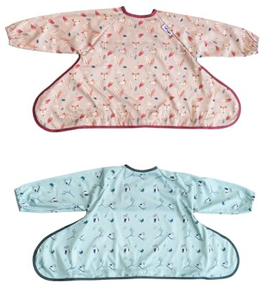 Tidy Tot®™ Cover & Catch™ Dopplepack. 2 Auffanglätzchen für Baby mit Ärmel. Lätzchen Befestigt Sich an Ihrem Hochstuhl. Ganzkörper Lätzchen für Baby Ärmellätzchen.BLW Lätzchen.Inklusive Reisetasche