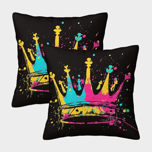 2 x 3D-bedruckte Hip-Hop-Kronen-Überwurf-Kissenbezüge, quadratischer Kissenbezug, Gartenkissen, superweich, 2 Stück, Heimdekoration für Sofa, Schlafzimmer, 45 x 45 cm