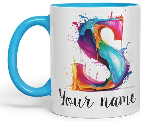 Vixar Personalised Letter S Mug, Alphabet cusomized Custom Letter S Monogram Watercolour Ceramic Coloured Mug Cup for Tea Coffee Hot Brew 330ml 11Oz Gift (L Blue)