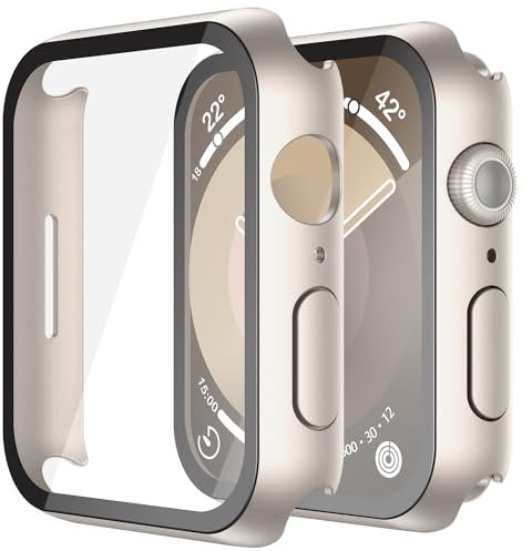 Piuellia Paquete de 2 fundas rígidas con protector de pantalla de vidrio templado HD para Apple Watch Series 9, Series 8, Series 7 de 45 mm, funda protectora de policarbonato antiarañazos para iWatch,
