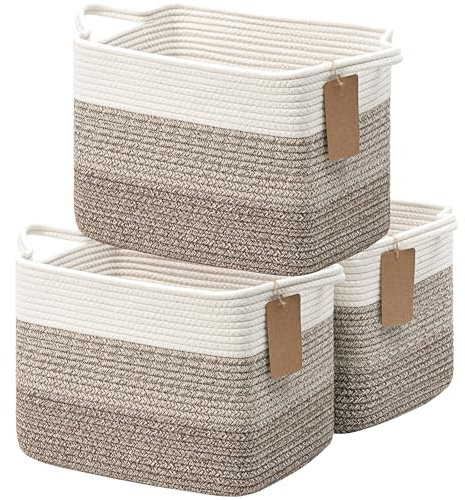 Storage Basket, Rope Baskets for Shelves, Baby Gift Basket for Nursery, Woven Toy Baskets Storage Kids, 3 Pack, 33 x 25 x 23 cm, White & Brown