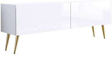 3E 3xE living.com Meuble TV : Deux Portes, Deux étagères, Couleur : Blanc Mat/Blanc Brillant, Pieds dorés D : L : 140 cm, H : 52 cm, P : 32 cm