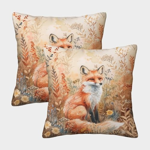 RJAVAGFZL Jungle Fox Cushion Cover 2 Pack Decorative Machine Washable Pillowcases Square Pillow Cases with Invisible Zipper Cushion Covers for Sofa Car Bed Outdoor Decor Throw Pillow Case 45x45cm
