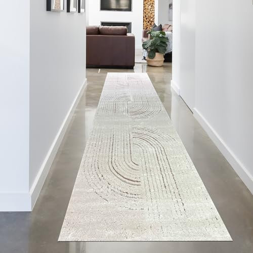 Teppich-Traum Teppich Wohnzimmer Flur Läufer Brücke klein kurz 3D-Effekt pflegeleicht farbig Linien- Bogenmuster in Creme, 80 x 300 cm