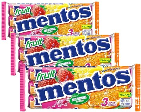 Mentos Fruit Dragees, 3 Rollen Frucht-Bonbons Orange, Zitrone und Erdbeere, Kaubonbons mit fruchtigem Geschmack, Süßigkeiten (3 Rollen à 38g) (Packung mit 3)