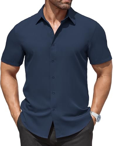 COOFANDY Mens Short Sleeved Shirts Summer Casual Shirt Plain Formal Shirts for Men Adult Regular Fit Stretch Shirt Navy XL