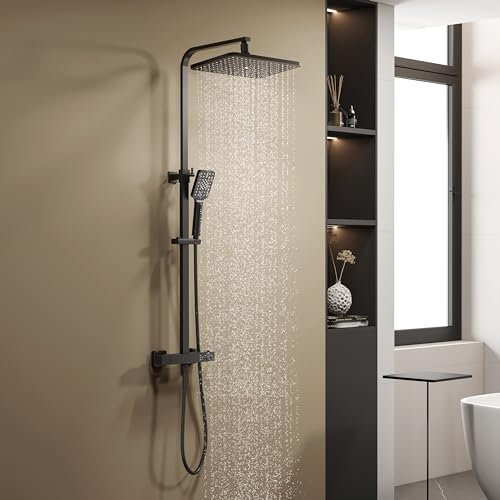 YOOZENA Columna Ducha Termostática Negra,Duchas de Baño Columna Altura Ajustable con Grifo, Alcachofa con Manguera, Cuadrada efecto Lluvia 29x19cm