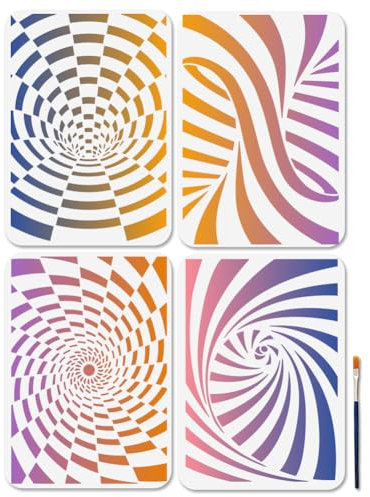 MAYJOYDIY 4 Pochoir de Peinture D'Arrière Plan 3D Pochoirs D'Espace Géométrique 29.7 × 21cm avec Pinceau Modèles D'Art Réutilisables pour Mur en Bois Fenêtre Bricolage Décoration de la Maison