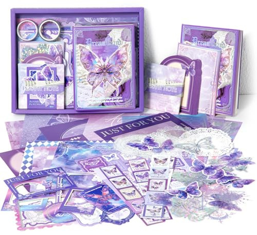 BetterJonny Ästhetisches Bullet Journal Set, Ästhetisches Scrapbook Zubehör Scrapbooking Papier mit A6 Raster Notizbuch Scrapbooking Aufkleber DIY Scrapbook Geschenk für Teenager,Schmetterlingstraum