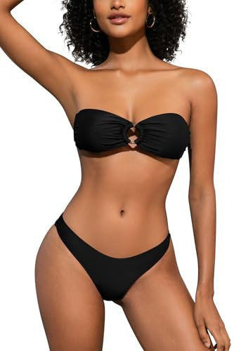 SHEKINI Sexy Women's Bandeau Bikini Set Halter O Ring Strapless Tie Back High Cut Two Piece Swimsuit Bathing Suits(XS,Black