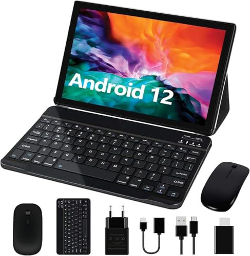 Tablette 10 Pouces Android 12 4Go RAM + 64Go ROM (1To TF), 5G + 2.4G WiFi, 8000mAh, 2.0Ghz Cores, BT 5.0, 8MP + 5MP, Type C, OTG, Tablette Tactitle avec étui, Clavier et Souris - Noir