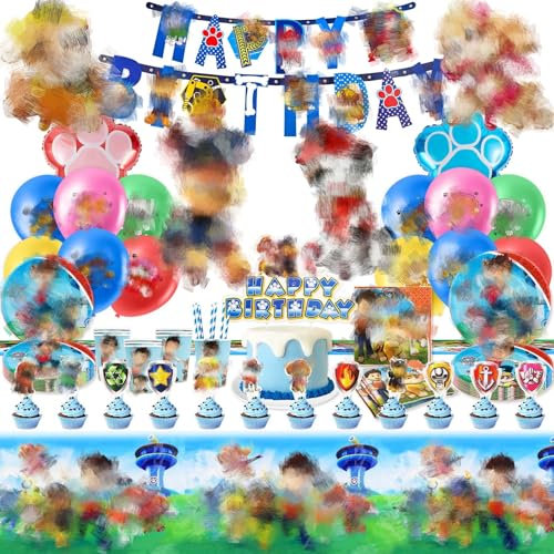 Birthday Decorations, 105Pcs Dog Party Tableware Set-6 Foil Ballons, Birthday Banner, 25 Cake Decorations, Reusable Table Cloth, 20 Plates, 12 Rubber Balloon, 20 Napkins 10 Paper Cups 10 Stra