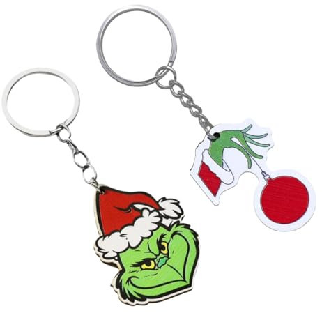 ENIXWH 2 Stück Schlüsselanhänger Taschenanhänger Grinch Puppe Holz Schlüsselhalter Weihnachten Schlüsselring Damen Tasche Deko Anhänger Beutel Kette
