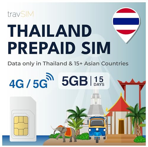 travSIM Thailand SIM-Karte | 5GB Mobile Daten | Funktioniert auf iOS- und Android-Geräten | Der Plan auf Dieser SIM-Karte für Thailand ist 15 Tage lang gültig