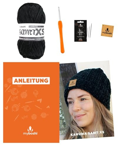 myboshi Häkelset Mütze Kanuma aus Samt XS, für Anfänger, inkl. Samt XS Garn, Häkelnadel, Anleitung und Label, 100% Polyester, Schwarz (Lakritz) mit Häkelnadel