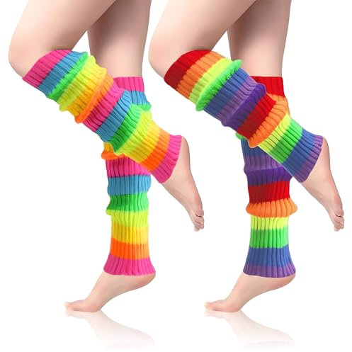 GMHLLES 2 Pair Neon Leg Warmers, Rainbow Leg Warmers 80s Warm Stacked Socks Rainbow Fluorescent Neon Accessories Perfect for Women and Men 80's Fancy Party Ballet Skating Ice Dancing