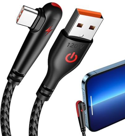 Cordon De Charge Tressé De Type C À 90 Degrés | Cordon De Chargeur 120W Type C | Câble USB C Angle Droit, Câble De Charge USB C, Charge Efficace Pour Un Usage Quotidien De Matériaux De Haute Qualité S