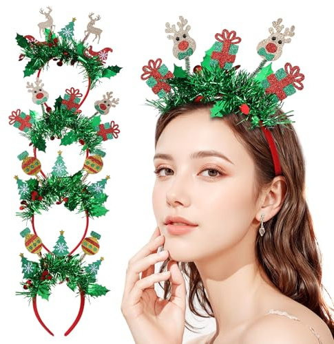 JOINPAYA 4 Stück Weihnachts-stirnband mit Glitzerquaste: Stirnband für Mädchen Und Frauen, Elch, Lebkuchenmann, Rentier, Geweih, für Kinder, Weihnachten, Urlaub, Neujahr, Party