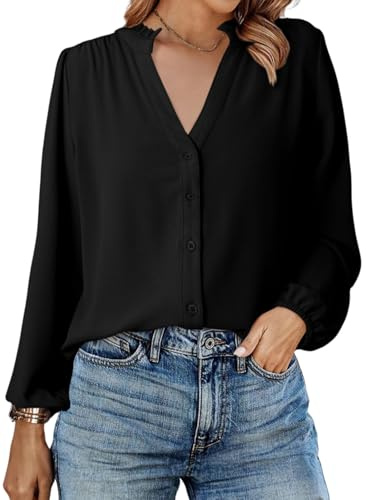 Dokotoo Women's Blouses Shirts Casual Button Down Long Sleeve Tops for Women Lightweight Womens T-Shirts V Neck Loose Fit Ladies Blouse Solid Dressy Business Work Tunic Top S-XXL
