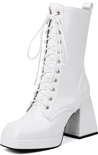 Bviennic Donna Stivali a Metà Polpaccio Chunky Tacco Alto con Plateau Moda Square Toe Cordoncino Festa 2444 Bianco Numero 43 EU/45Cn